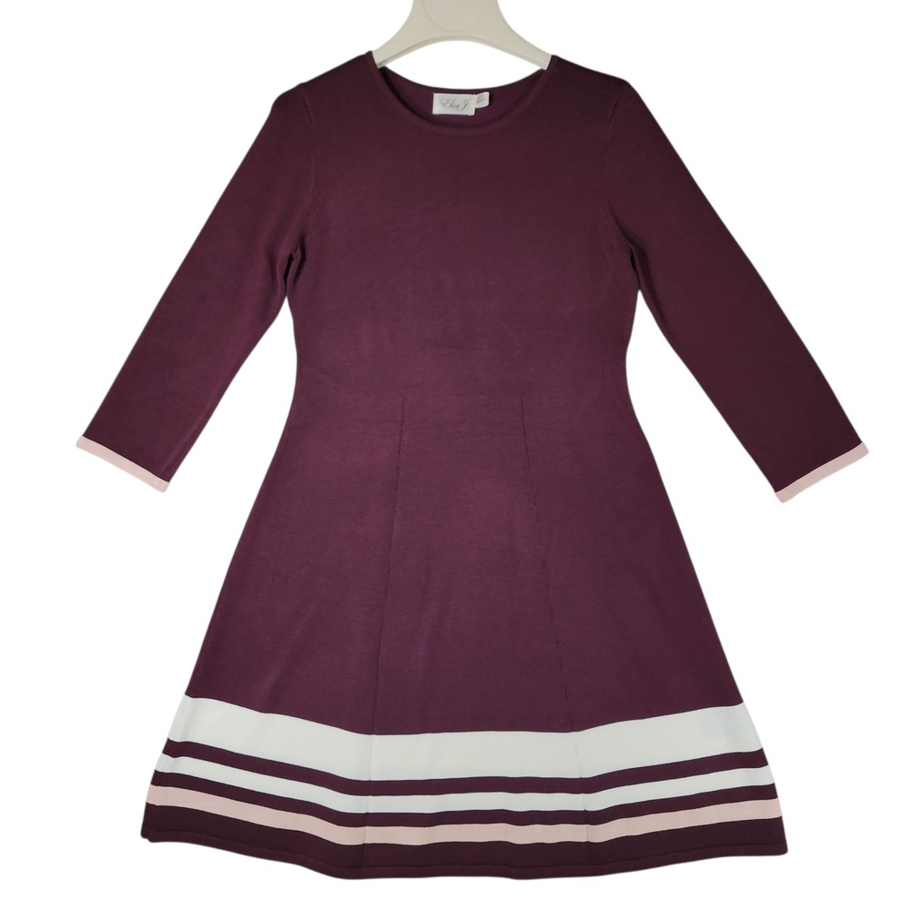 Eliza J Sweater Dress sz M Women Burgundy‎ Pink Stripe Fit Flare Knit A Line